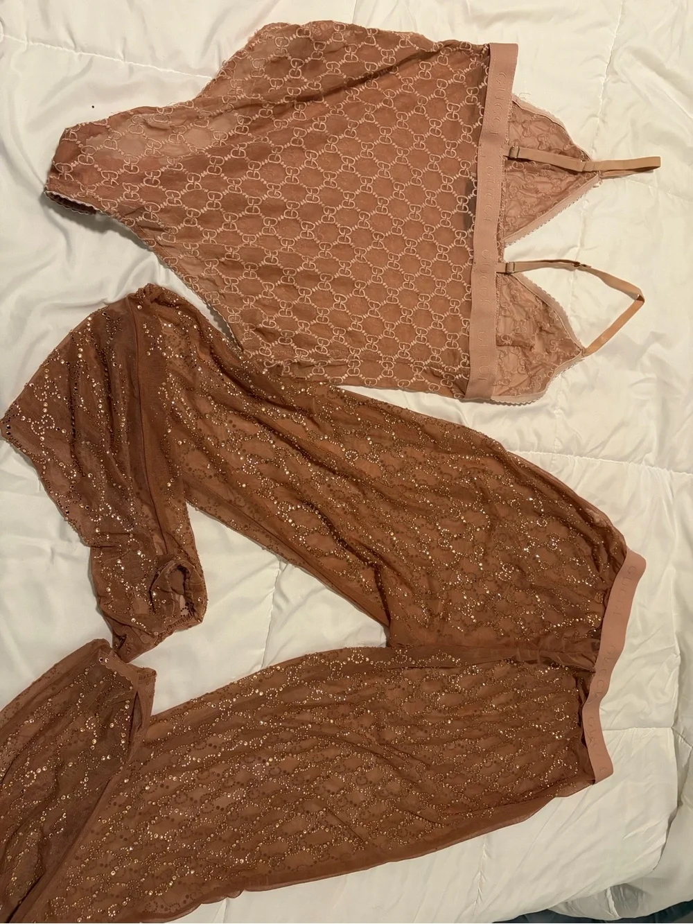 Gucci Sheer Lace Two-Piece Chemise Set in Dusty Brown